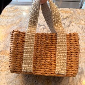 Elegant Tan Woven Bag with Pearl Straps